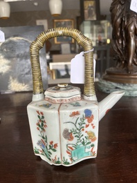 A pair of Chinese famille verte stem cups with floral design and a French Samson famille verte style teapot and cover, Kangxi and 19th C.