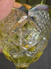 Six partly coloured overlay crystal cut glasses and one decanter, Val Saint Lambert, model Verrept, Belgium, third quarter 20th C.