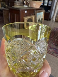 Six partly coloured overlay crystal cut glasses and one decanter, Val Saint Lambert, model Verrept, Belgium, third quarter 20th C.