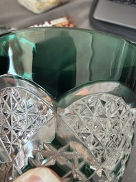 Six partly coloured overlay crystal cut glasses and one decanter, Val Saint Lambert, model Verrept, Belgium, third quarter 20th C.