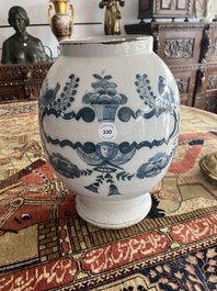 A large English Delftware blue and white pharmacy jar with a cartouche, probably Lambeth, 18th C.