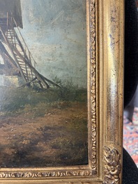 Xavier De Cock (1818-1896): View of the large post mill on the Molenberg in Deurle, oil on board
