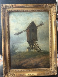 Xavier De Cock (1818-1896): View of the large post mill on the Molenberg in Deurle, oil on board