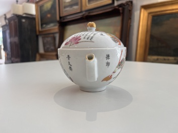 A Chinese famille rose bowl and cover on stand and a teapot and cover with 'Wu Shuang Pu' design, Daoguang marks, 20th C.