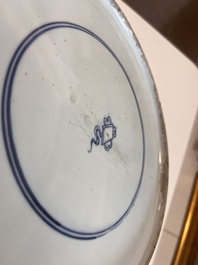 Three Chinese blue, white and Imari style dishes with floral design, Kangxi