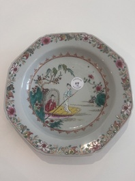 Two octagonal Chinese famille rose plates with an animated scene, Qianlong