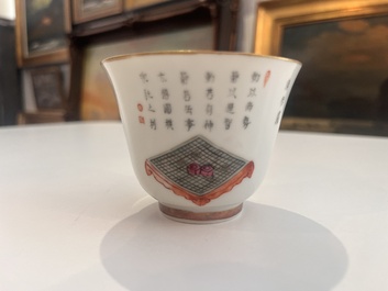 Five Chinese famille rose 'Wu Shuang Pu' cups and saucers, Daoguang marks, 19th C.