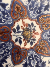 Three Chinese blue, white and Imari style dishes with floral design, Kangxi