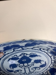 Three Chinese blue, white and Imari style dishes with floral design, Kangxi