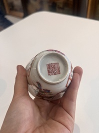Five Chinese famille rose 'Wu Shuang Pu' cups and saucers, Daoguang marks, 19th C.