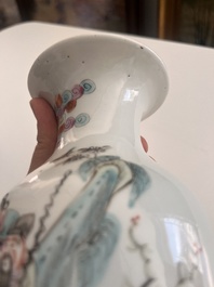 A Chinese reticulated qianjiang cai hatstand with birds among blossoming branches and two famille rose vases with animated design, 19th/20th C.