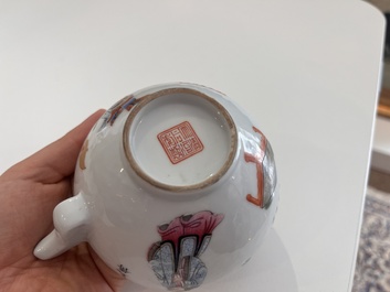 A Chinese famille rose bowl and cover on stand and a teapot and cover with 'Wu Shuang Pu' design, Daoguang marks, 20th C.