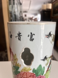 A Chinese reticulated qianjiang cai hatstand with birds among blossoming branches and two famille rose vases with animated design, 19th/20th C.