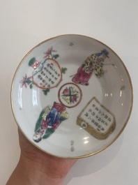 Five Chinese famille rose 'Wu Shuang Pu' cups and saucers, Daoguang marks, 19th C.