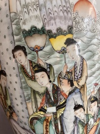 A Chinese qianjiang cai double design vase with an audience and a bird among blossoming branches, 19th/20th C.