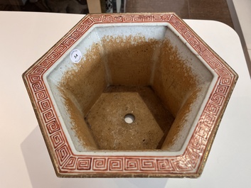 A hexagonal Chinese famille rose jardini&egrave;re with floral design, 19th C.