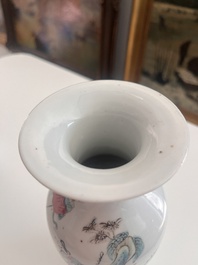 A Chinese reticulated qianjiang cai hatstand with birds among blossoming branches and two famille rose vases with animated design, 19th/20th C.