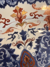Three Chinese blue, white and Imari style dishes with floral design, Kangxi