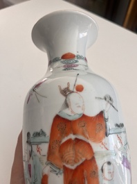A Chinese reticulated qianjiang cai hatstand with birds among blossoming branches and two famille rose vases with animated design, 19th/20th C.