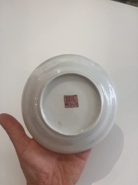 Five Chinese famille rose 'Wu Shuang Pu' cups and saucers, Daoguang marks, 19th C.