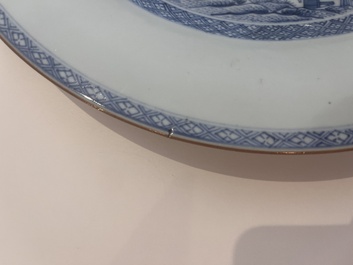A Chinese blue and white dish with an animated river landscape, Qianlong