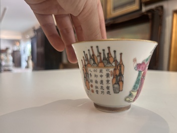 Five Chinese famille rose 'Wu Shuang Pu' cups and saucers, Daoguang marks, 19th C.