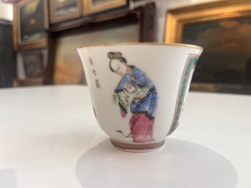 Five Chinese famille rose 'Wu Shuang Pu' cups and saucers, Daoguang marks, 19th C.