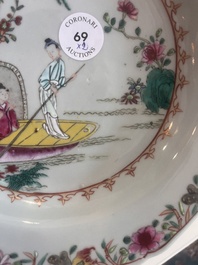 Two octagonal Chinese famille rose plates with an animated scene, Qianlong