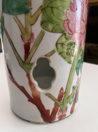 A Chinese reticulated qianjiang cai hatstand with birds among blossoming branches and two famille rose vases with animated design, 19th/20th C.