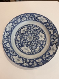 Three Chinese blue, white and Imari style dishes with floral design, Kangxi