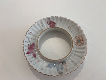 A Chinese famille rose bowl and cover on stand and a teapot and cover with 'Wu Shuang Pu' design, Daoguang marks, 20th C.