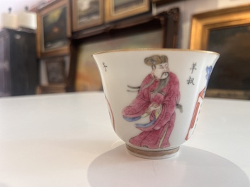 Five Chinese famille rose 'Wu Shuang Pu' cups and saucers, Daoguang marks, 19th C.