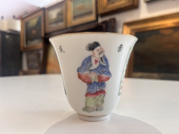 Five Chinese famille rose 'Wu Shuang Pu' cups and saucers, Daoguang marks, 19th C.