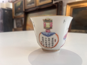Five Chinese famille rose 'Wu Shuang Pu' cups and saucers, Daoguang marks, 19th C.