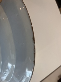 Three Chinese blue, white and Imari style dishes with floral design, Kangxi
