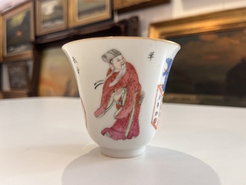 Five Chinese famille rose 'Wu Shuang Pu' cups and saucers, Daoguang marks, 19th C.