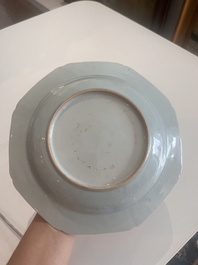Two octagonal Chinese famille rose plates with an animated scene, Qianlong