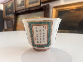 Five Chinese famille rose 'Wu Shuang Pu' cups and saucers, Daoguang marks, 19th C.
