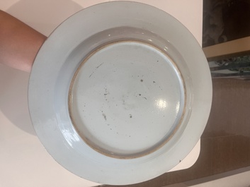A Chinese blue and white dish with an animated river landscape, Qianlong