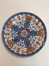 Three Chinese blue, white and Imari style dishes with floral design, Kangxi