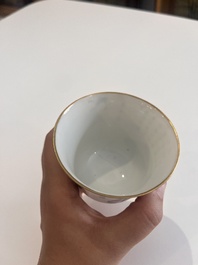 Five Chinese famille rose 'Wu Shuang Pu' cups and saucers, Daoguang marks, 19th C.