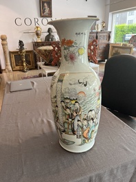 A Chinese qianjiang cai double design vase with an audience and a bird among blossoming branches, 19th/20th C.