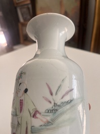 A Chinese reticulated qianjiang cai hatstand with birds among blossoming branches and two famille rose vases with animated design, 19th/20th C.