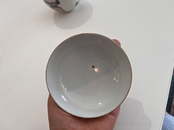 A Chinese famille rose bowl and cover on stand and a teapot and cover with 'Wu Shuang Pu' design, Daoguang marks, 20th C.