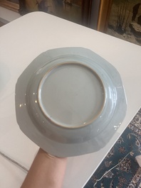 Two octagonal Chinese famille rose plates with an animated scene, Qianlong