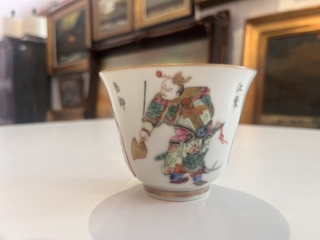 Five Chinese famille rose 'Wu Shuang Pu' cups and saucers, Daoguang marks, 19th C.