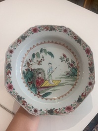 Two octagonal Chinese famille rose plates with an animated scene, Qianlong