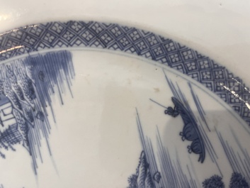 A Chinese blue and white dish with an animated river landscape, Qianlong