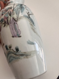 A Chinese reticulated qianjiang cai hatstand with birds among blossoming branches and two famille rose vases with animated design, 19th/20th C.