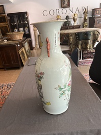 A Chinese qianjiang cai double design vase with an audience and a bird among blossoming branches, 19th/20th C.